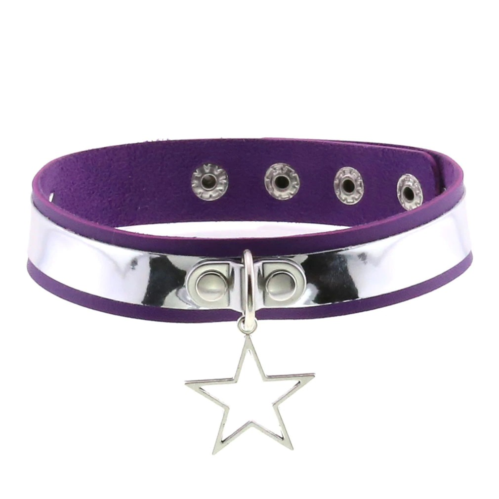 Punk style purple PU leather choker with silver star pendant, perfect for gothic and vintage fashion lovers.