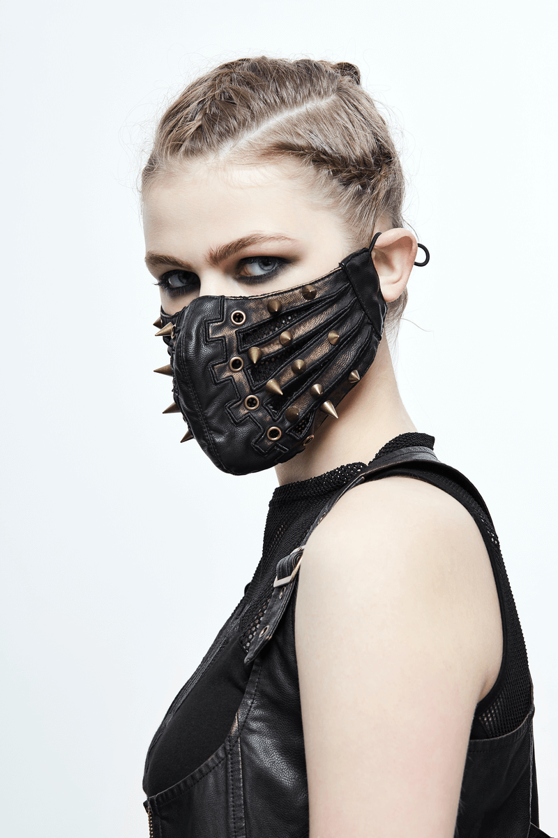Punk Style PU Leather Mask with Spikes and Mesh / Brown Masks with Rubber Bands to Grip the Ear - HARD'N'HEAVY