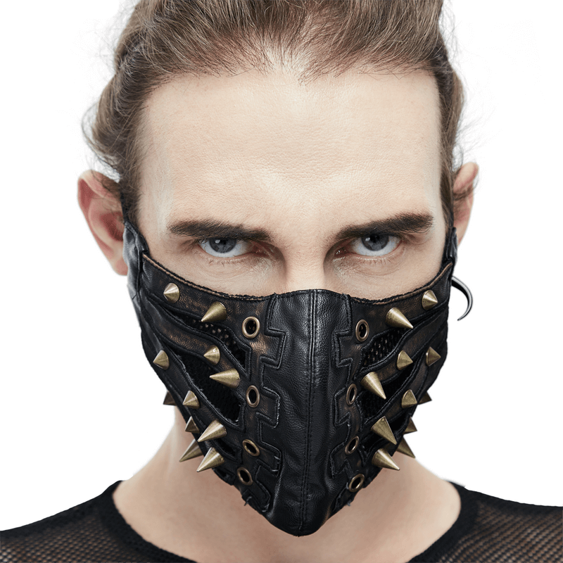 Punk Style PU Leather Mask with Spikes and Mesh / Brown Masks with Rubber Bands to Grip the Ear - HARD'N'HEAVY