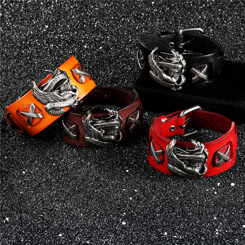 Stylish punk leather bracelets in black, orange, and brown with eagle and Ride to Live charm.