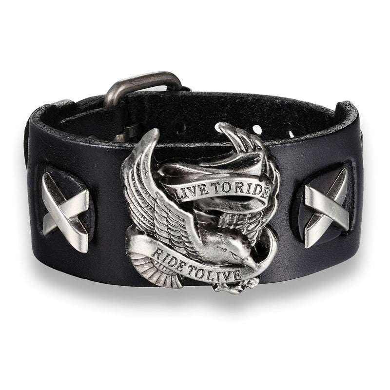 Punk style genuine leather bracelet featuring a soaring eagle and 'Ride to Live' inscription, perfect for any outfit.