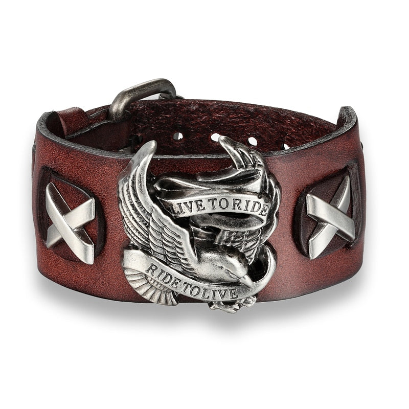 Punk style leather bracelet featuring eagle design with 'Ride to Live' inscription, perfect for rock and biker fashion.