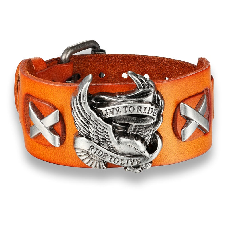 Punk style Rider Eagle leather bracelet with 'Ride to Live' charm and metal accents in vibrant orange. Perfect accessory for any outfit!