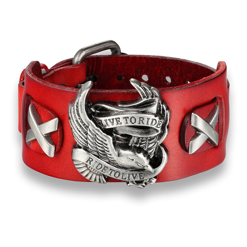 Punk style red leather bracelet with eagle charm and 'Ride to Live' inscription for the trendy biker.