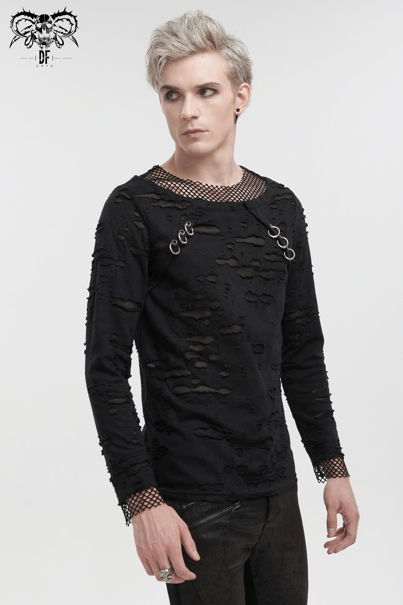 Punk Style Ripped Mesh Top with Metal Eyelet / Gothic Black Men's Clothing