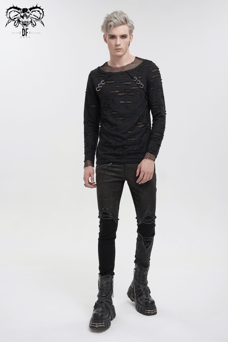 Punk Style Ripped Mesh Top with Metal Eyelet / Gothic Black Men's Clothing