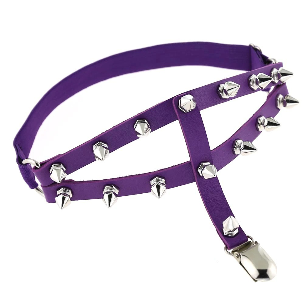 Purple punk style women's leg garter with silver spikes, adjustable PU leather strap harness for a gothic look.