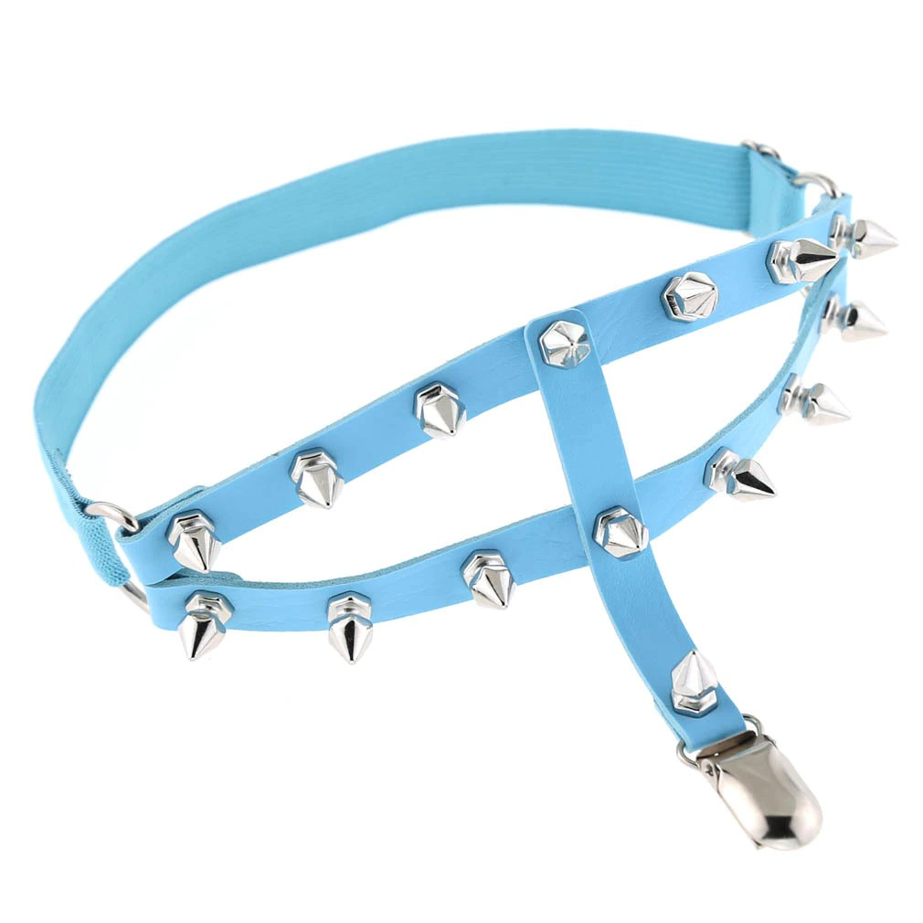 Punk style blue women's leg garter with silver spikes, adjustable PU leather strap, perfect for gothic fashion.