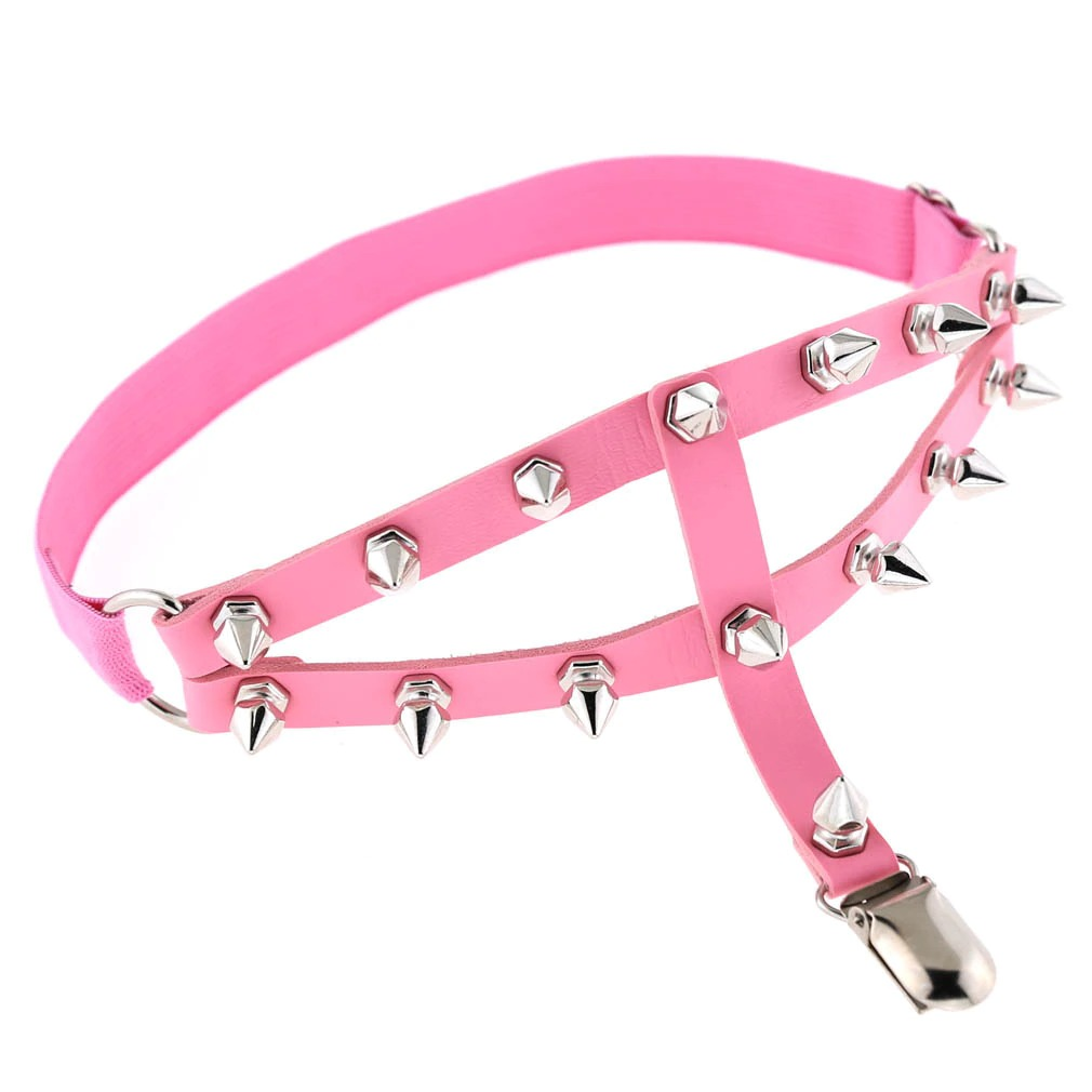 Punk style pink women's leg garter with silver spikes, adjustable PU leather harness, perfect for a gothic and sexy look.