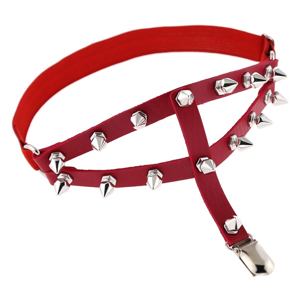Punk style sexy women's leg garter with silver spikes in red PU leather, adjustable strap for a bold gothic look.