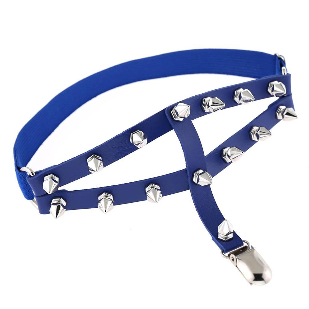 Punk style women's leg garter with silver spikes, adjustable blue PU leather strap harness for a gothic look.