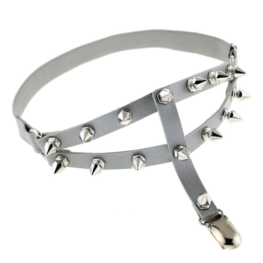 Punk style sexy women's leg garter with silver spikes, adjustable PU leather strap for a daring gothic look.