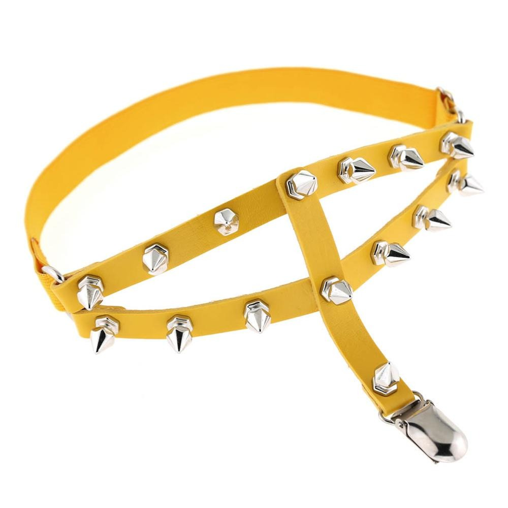Punk style yellow PU leather thigh garter with silver spikes, perfect for a gothic-inspired, edgy look.