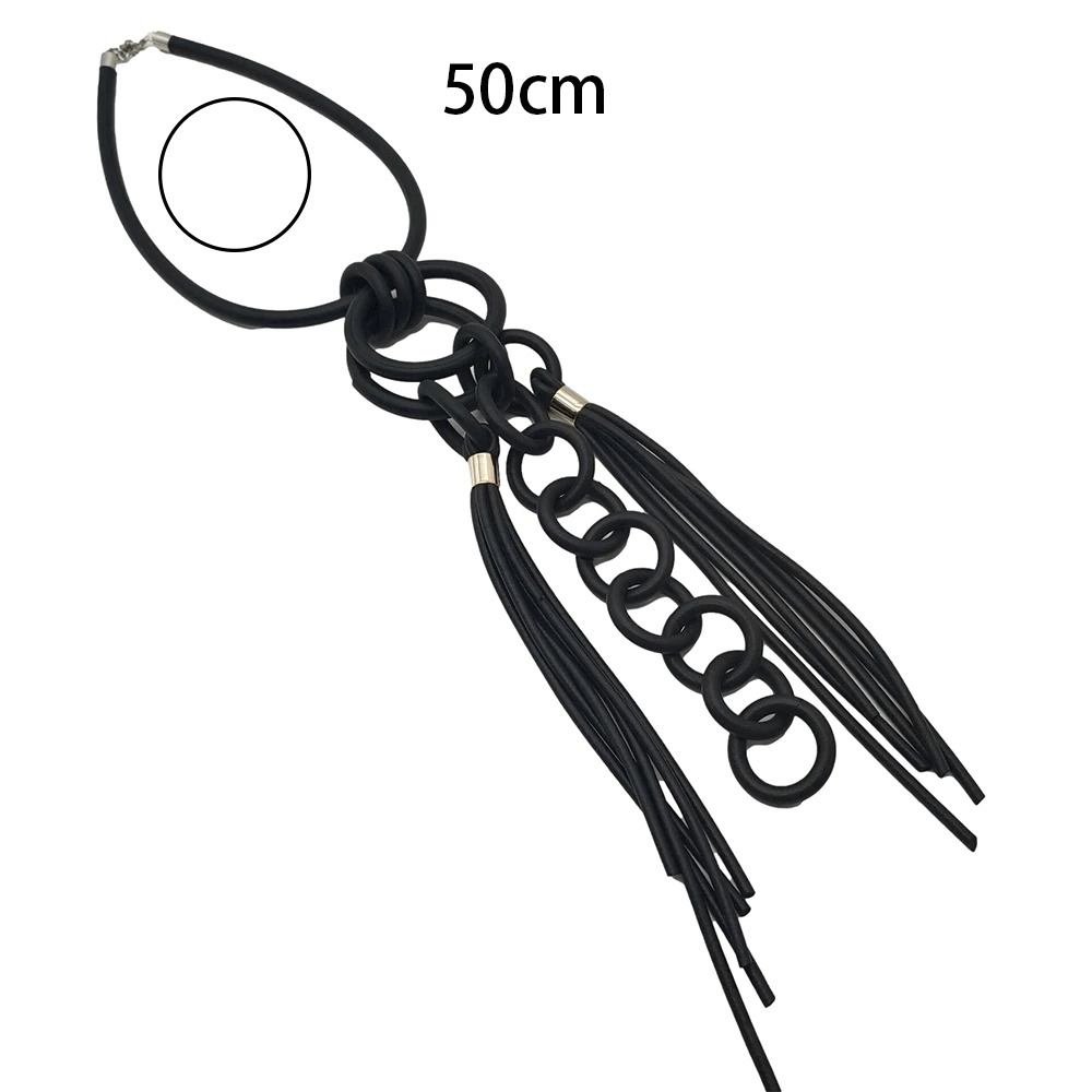 Punk style black rubber necklace for women, handmade with statement design, 50cm length.