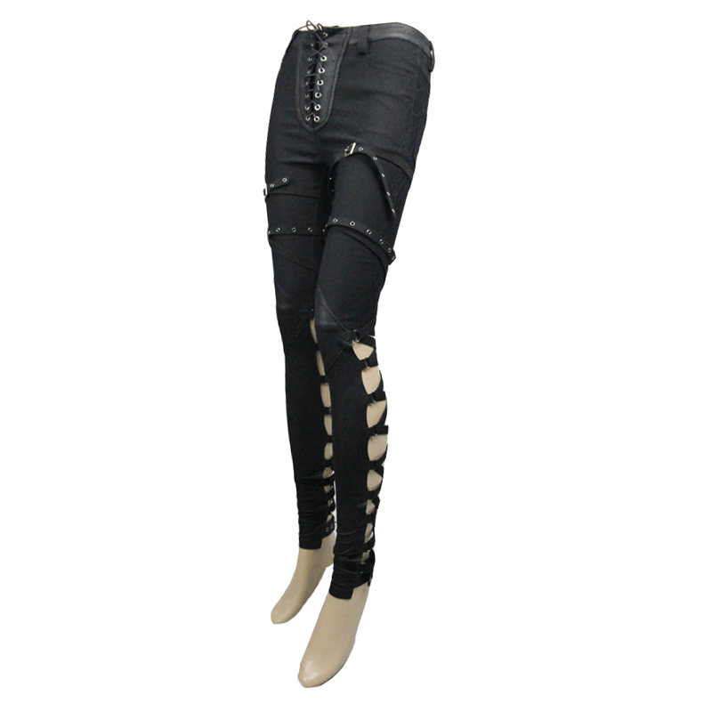 Punk Style Women's Bandage Black Trousers / Steampunk Sexy Slim-Fitting Buckle Pants - HARD'N'HEAVY