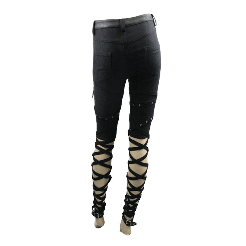 Punk Style Women's Bandage Black Trousers / Steampunk Sexy Slim-Fitting Buckle Pants