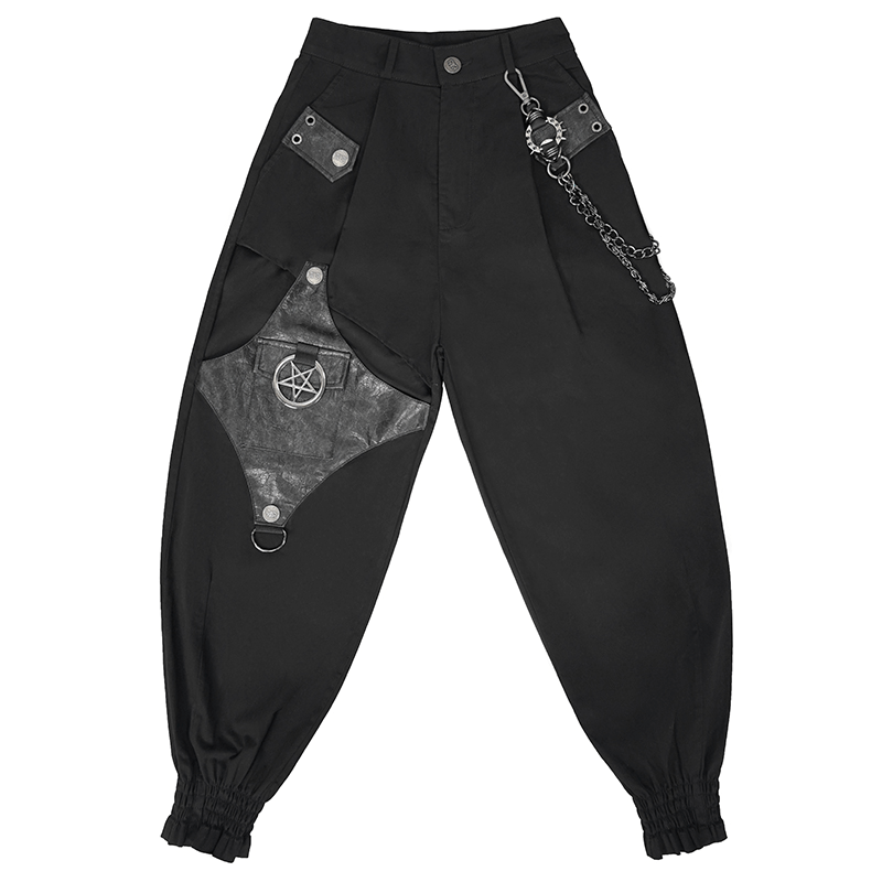 Trendy punk women's black asymmetrical cargo pants with detachable chain and stylish pockets.
