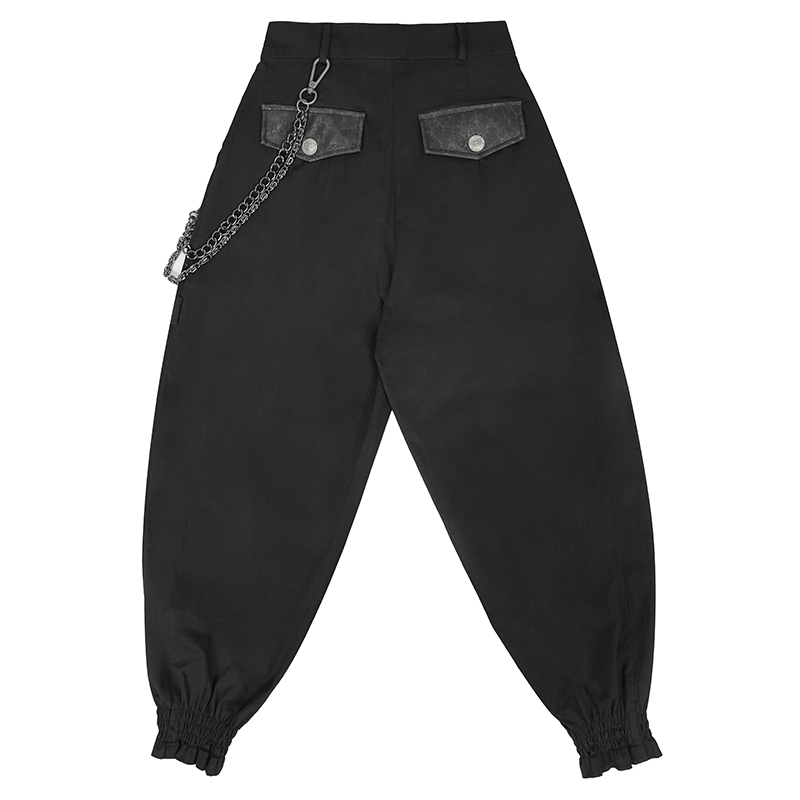 Black asymmetrical cargo pants for women with detachable chain, stylish punk fashion.
