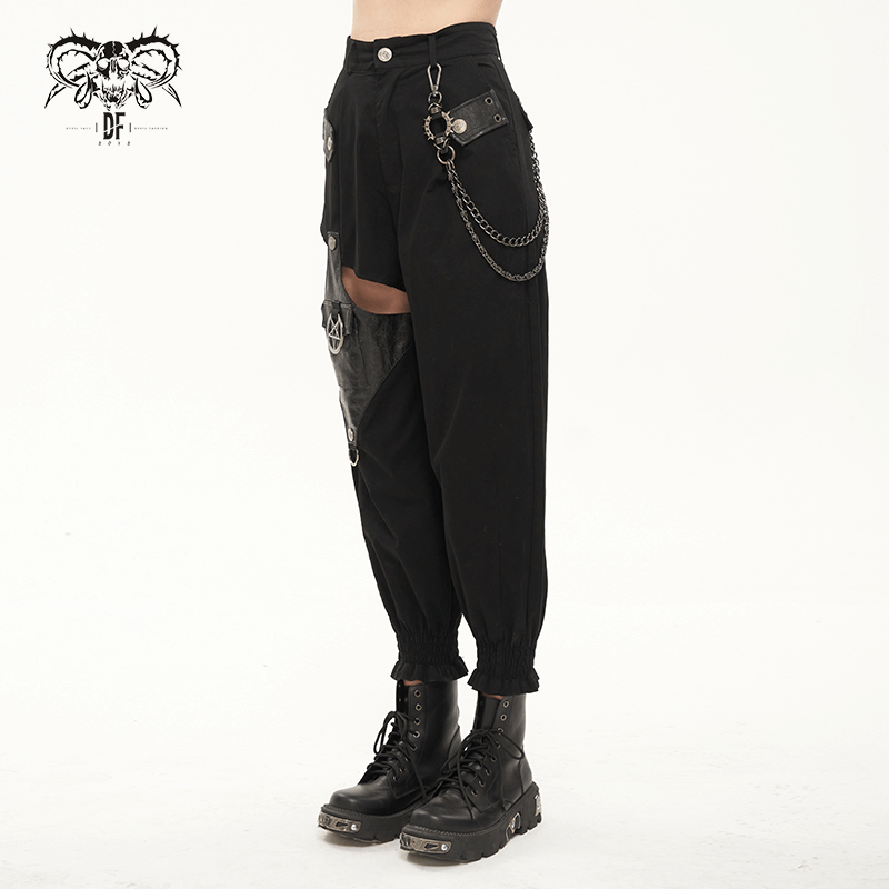 Punk style women's black asymmetrical cargo pants with detachable chain, perfect for trendy outfits.