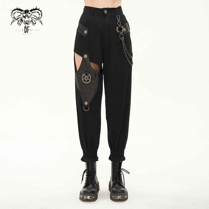 Punk style women's black asymmetrical cargo pants with detachable chain and edgy cut.