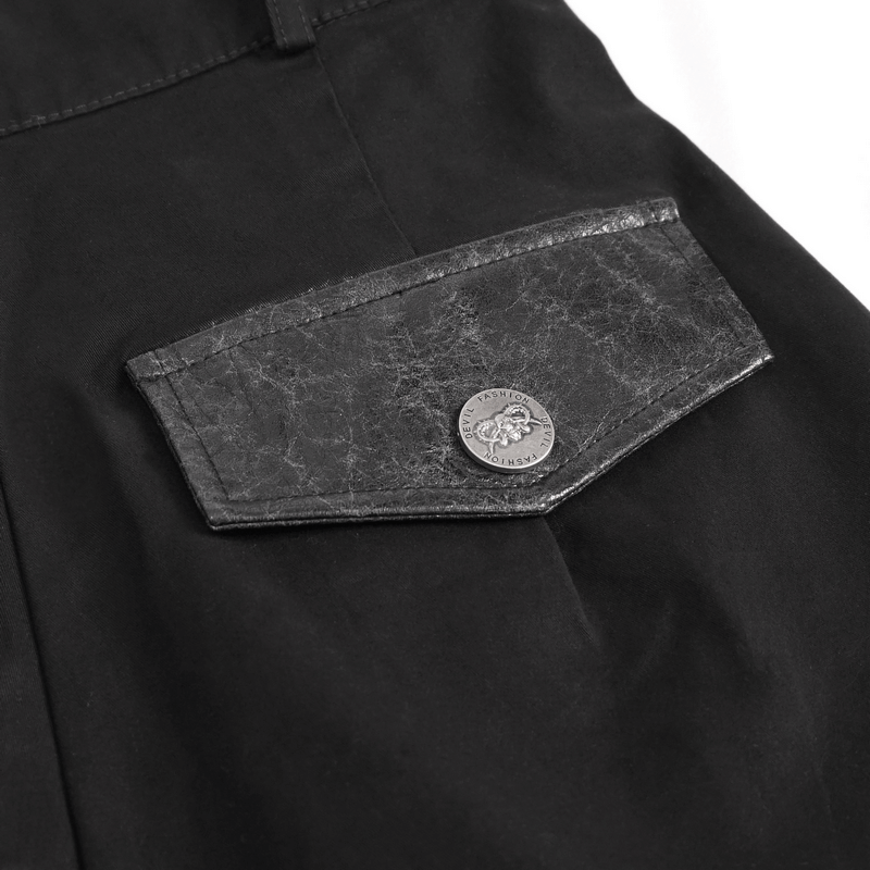 Close-up of stylish black cargo pants pocket with a unique textured flap and metal button detail.