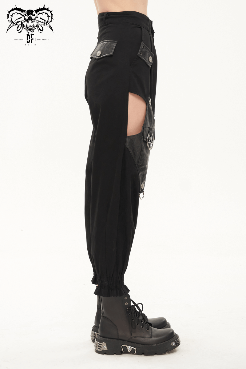 Side view of women's black asymmetrical cargo pants with cutouts and detachable chain, perfect for punk style outfits.