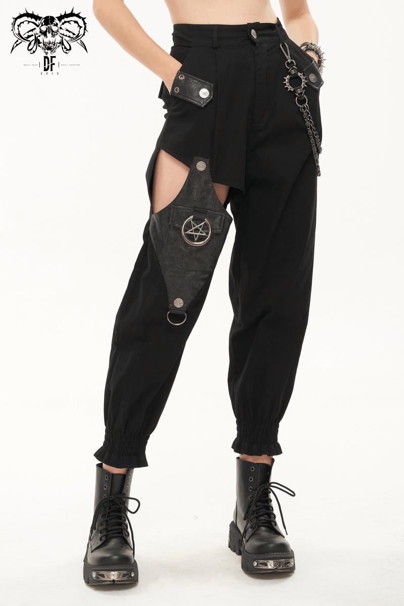 Stylish women's punk black cargo pants with asymmetrical cut and detachable chain for trendy outfits.