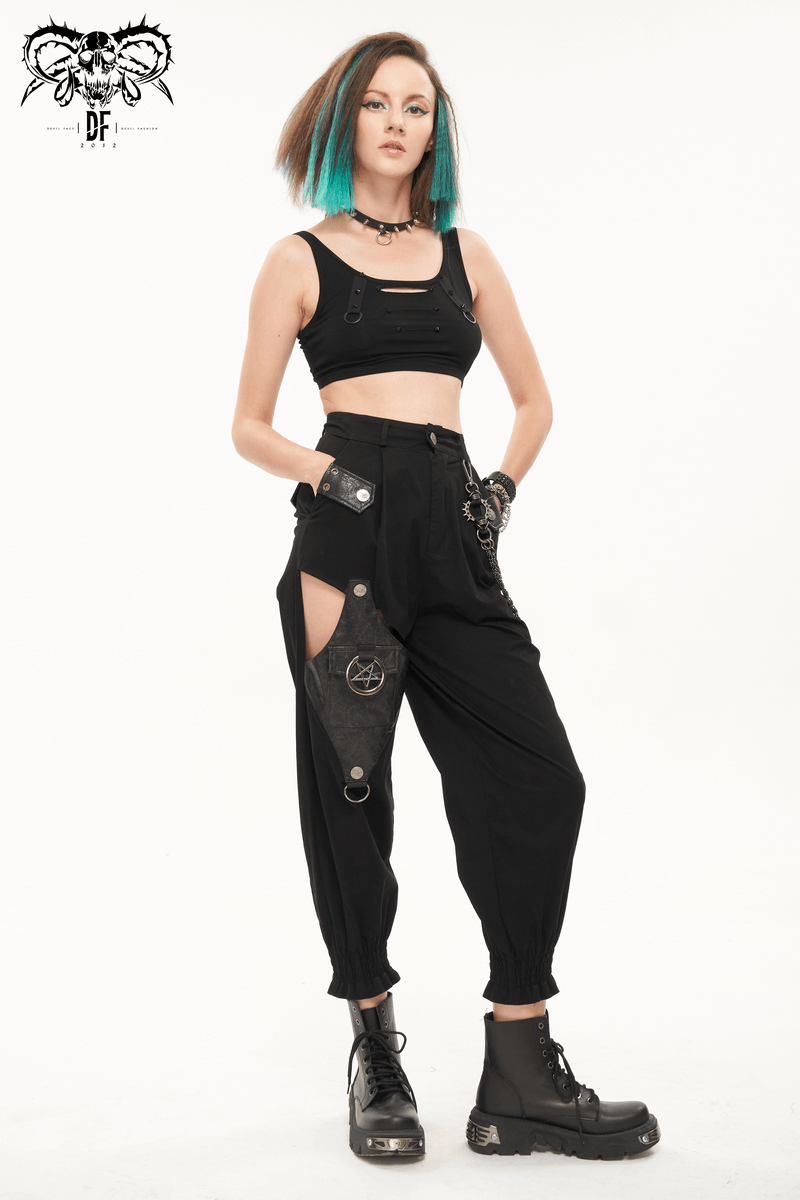 Punk Style Women's Black Asymmetrical Cargo Pants / Stylish Female Trausers With Detachable Chain