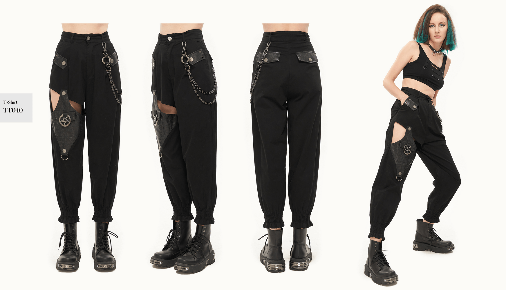Trendy punk style women's black asymmetrical cargo pants with detachable chain and stylish cut.