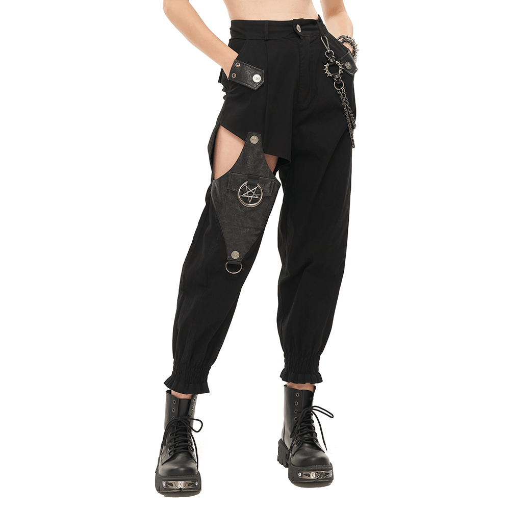 Punk Style Women's Black Asymmetrical Cargo Pants / Stylish Female Trausers With Detachable Chain