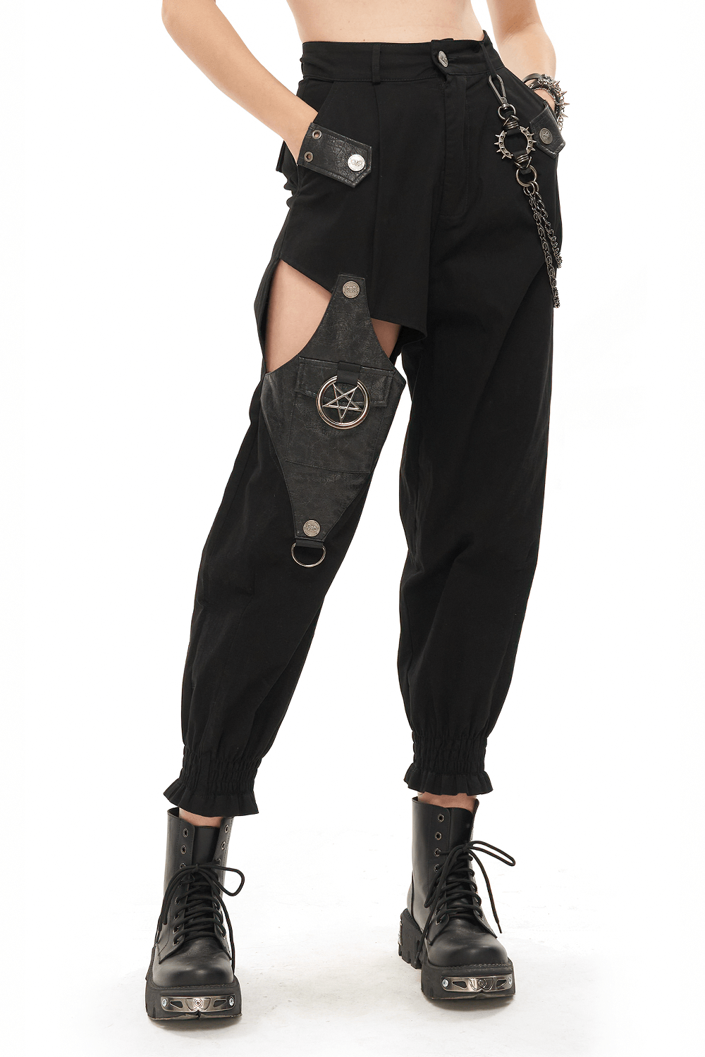 Punk style women's asymmetrical black cargo pants featuring a detachable chain and stylish pockets.