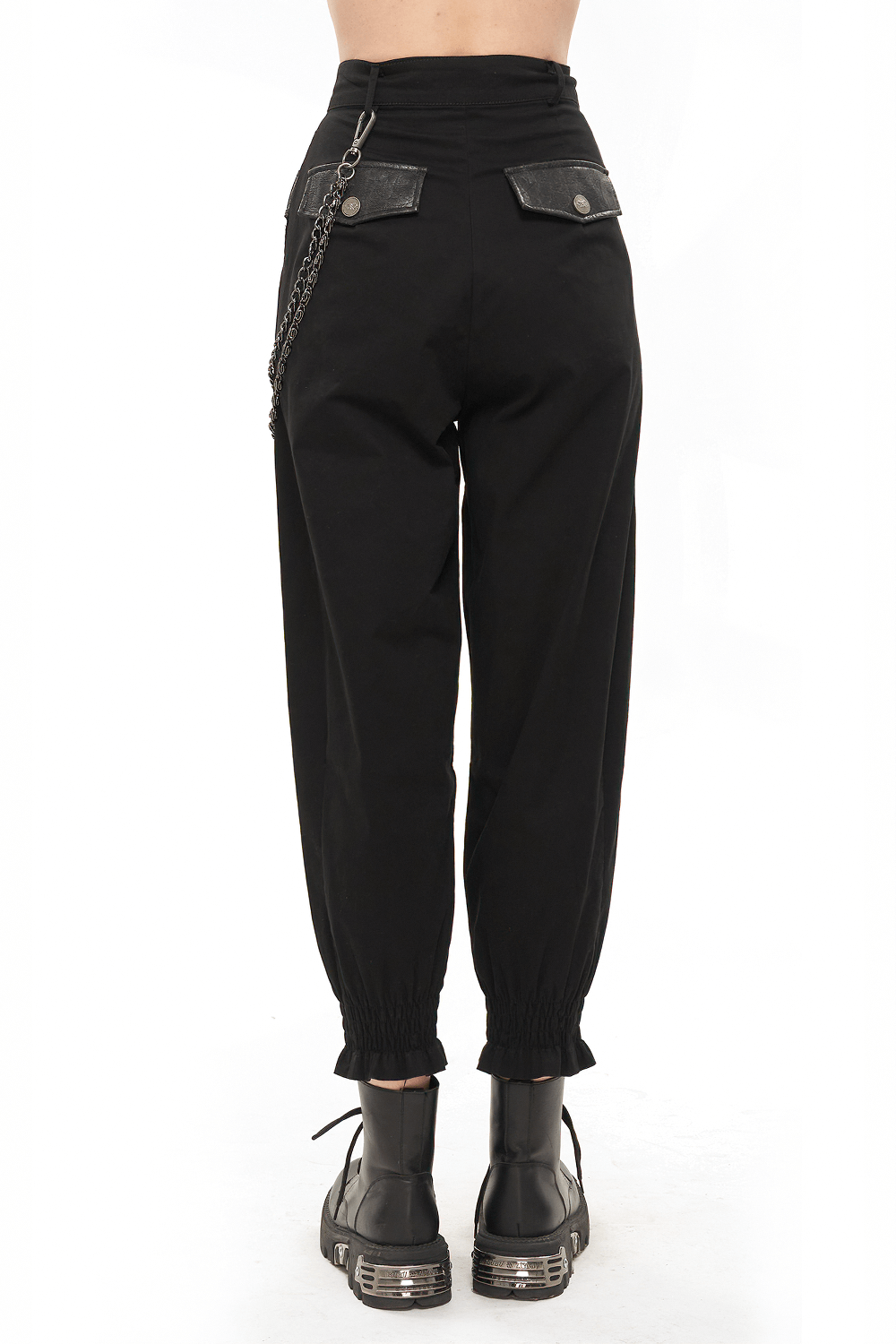 Back view of women's black punk cargo pants with detachable chain and elastic cuffs, perfect for trendy outfits.