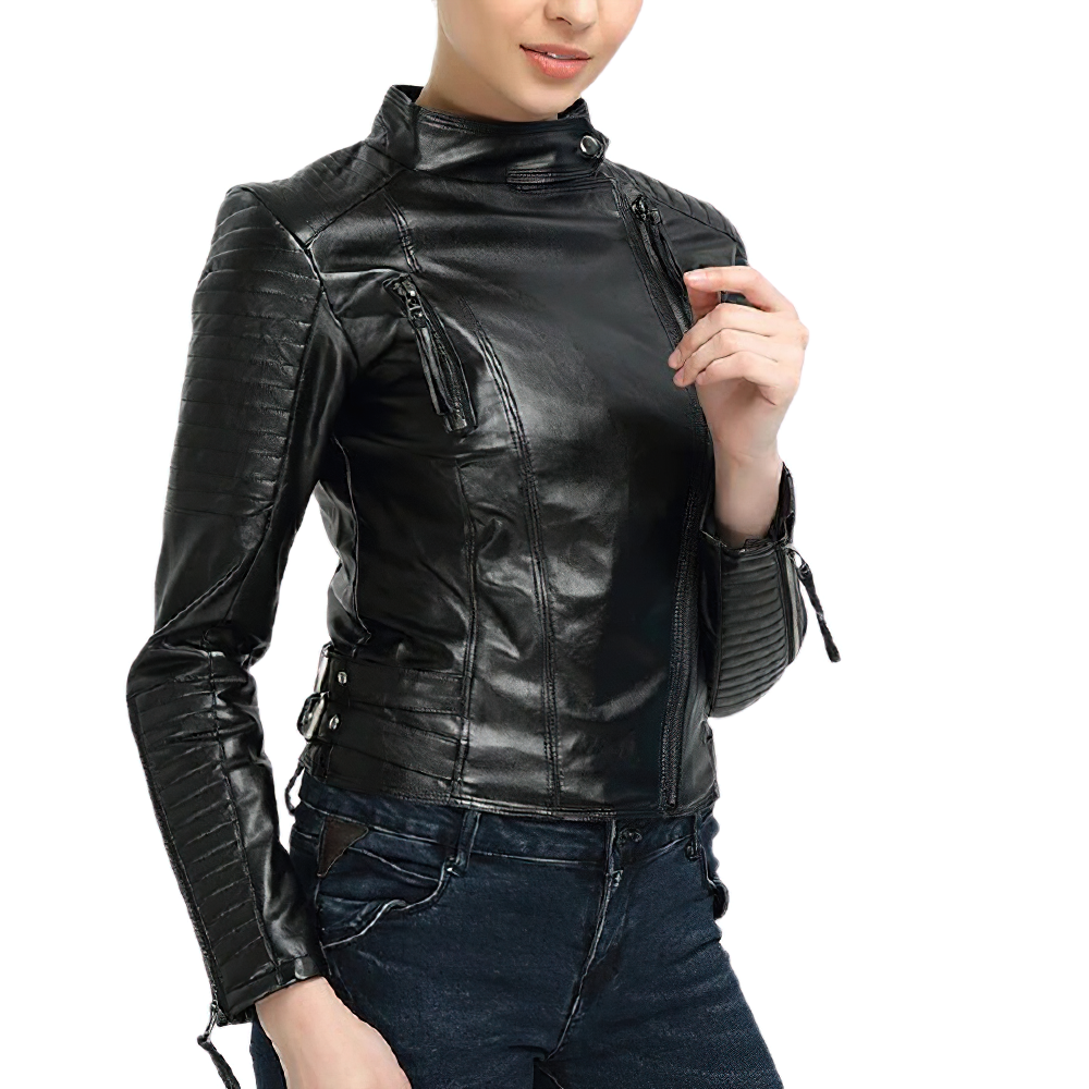 Women Blue Diamond Quilted Genuine Leather Jacket - Leather Skin Shop
