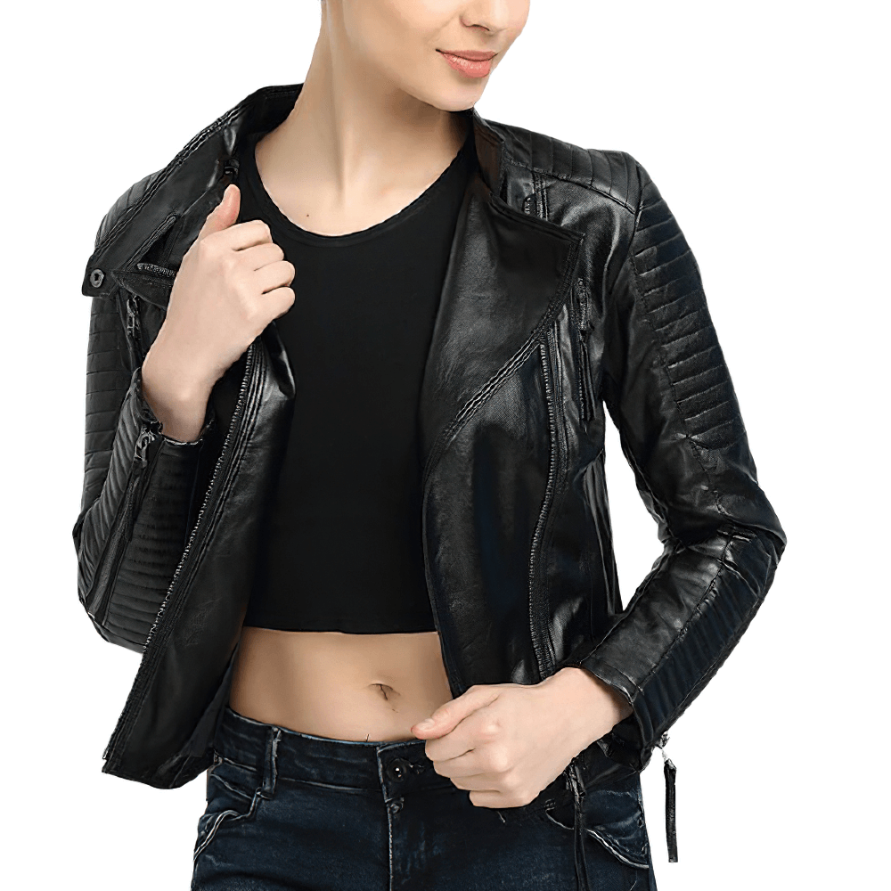 Stylish women's black genuine leather jacket with zippers, perfect for punk rock outfits.