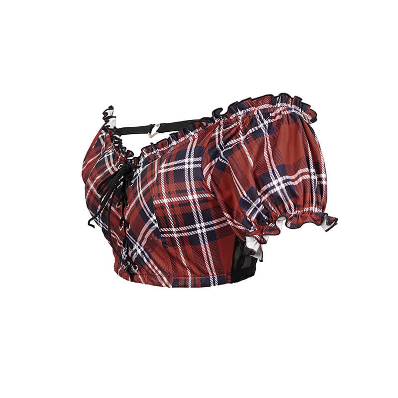 Punk style women's plaid crop top with lace-up detail and ruffled sleeves, perfect for edgy fashion lovers.