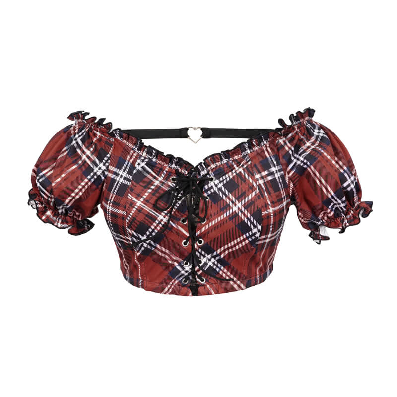 Punk style women's plaid crop top with lace-up detail and ruffled sleeves, perfect for a trendy look.