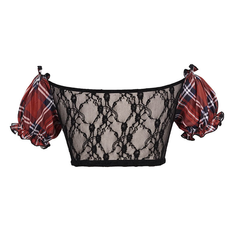 Punk style women's plaid swimsuit blouse with lace-up and puffy sleeves in black and red.