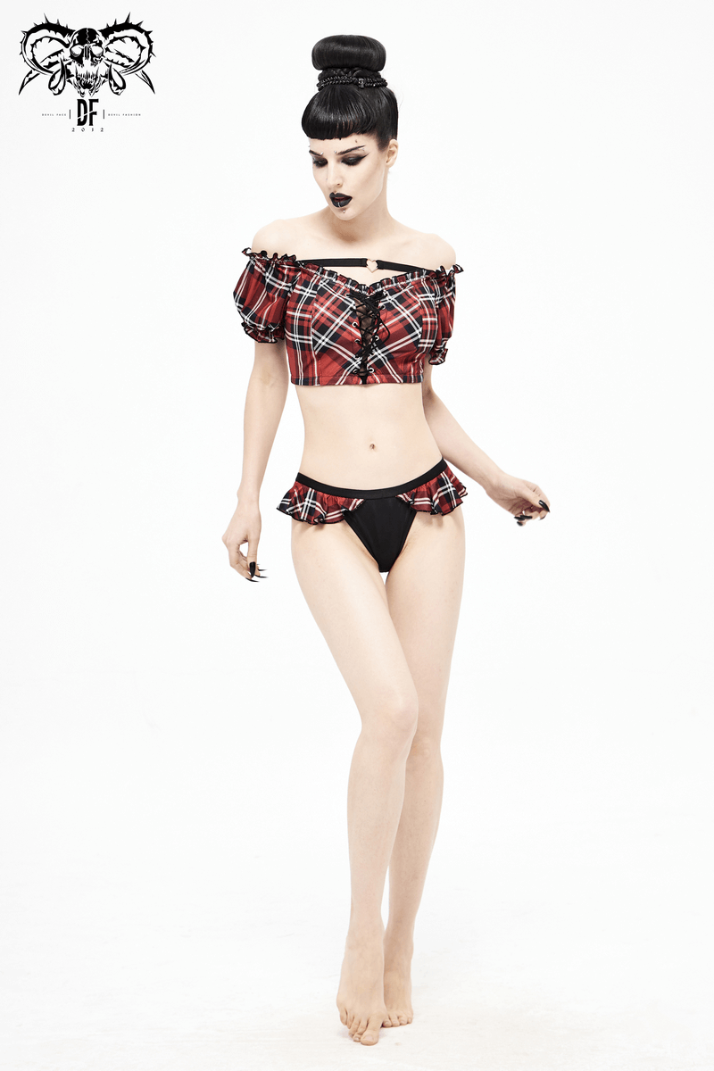 Punk style women's plaid crop top with lace-up, featuring a trendy off-shoulder design and stylish checkered pattern.