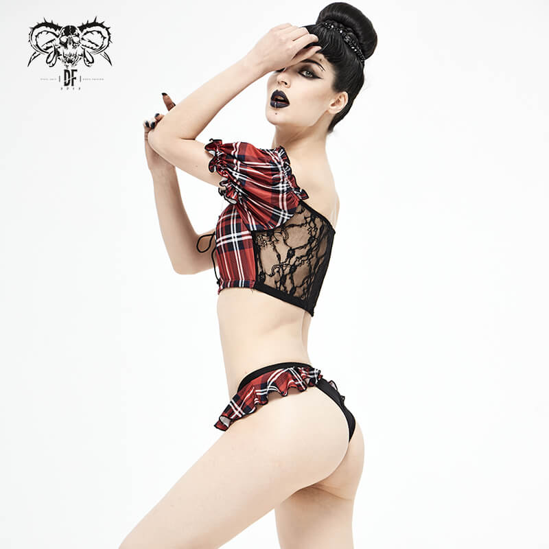 Punk style women's plaid crop top with lace-up, showcasing a lace and checkered design, perfect for edgy summer looks.