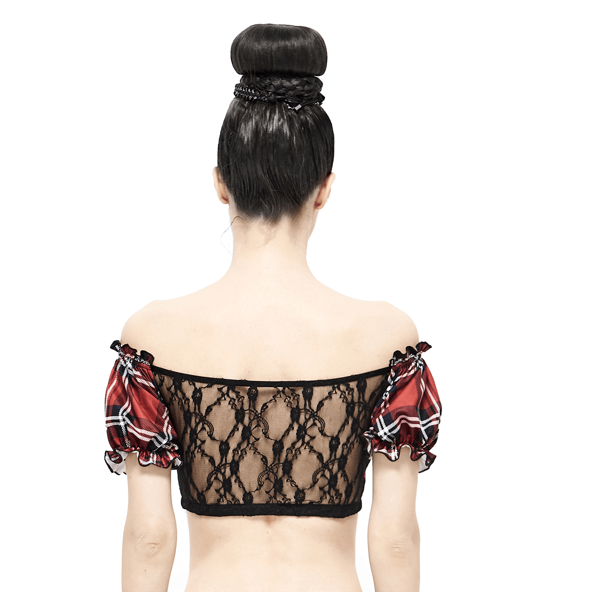 Back view of punk style women's plaid crop top with lace-up and puff sleeves in black and red.