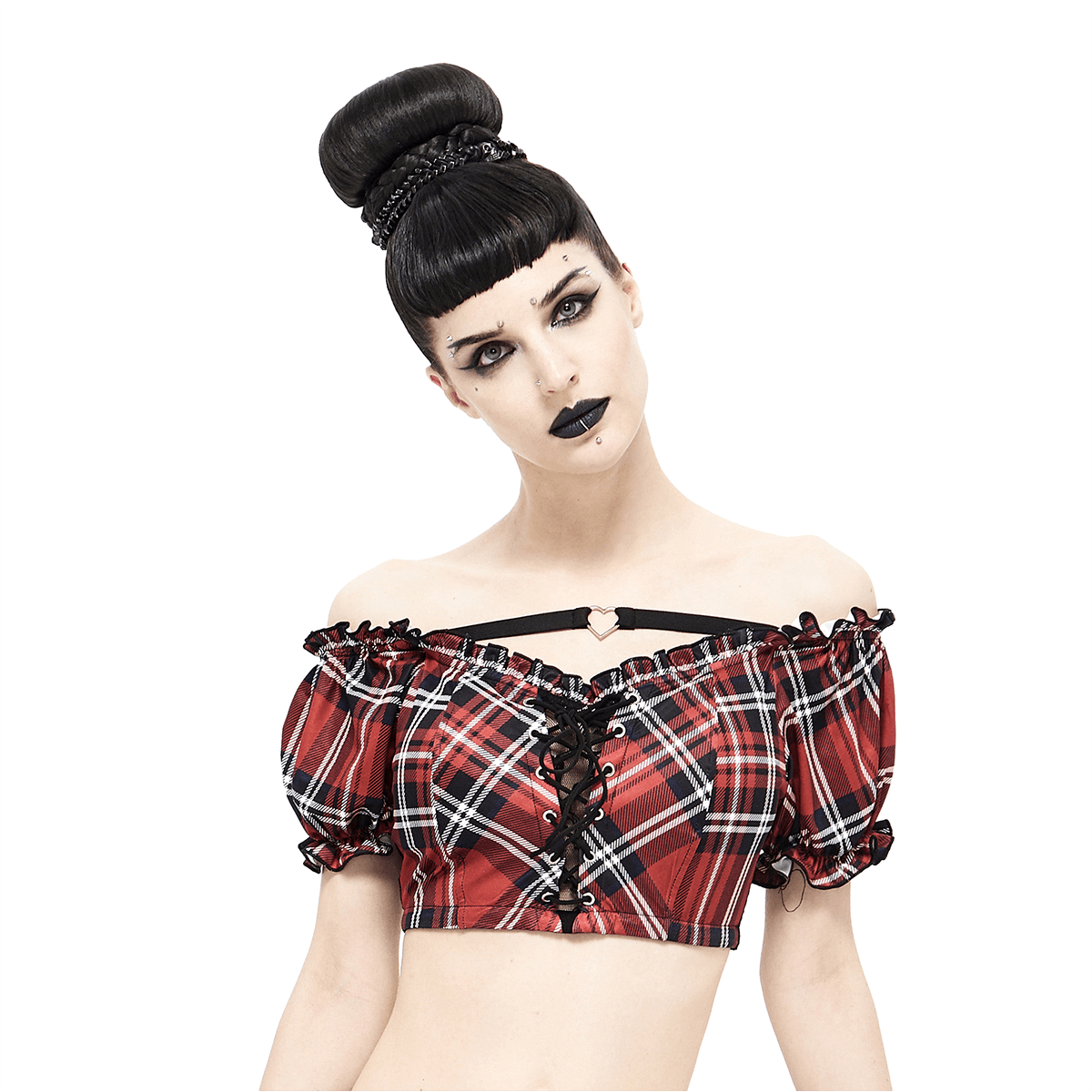 Punk style women's plaid crop top with lace-up detail, featuring puffy sleeves and a trendy checkered print.