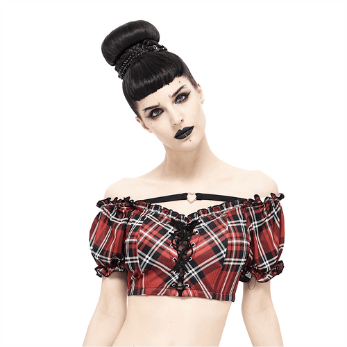 Karierte Badeanzug-Bluse für Damen im Punk-Stil / elastisches Crop-Top mit Schnürung