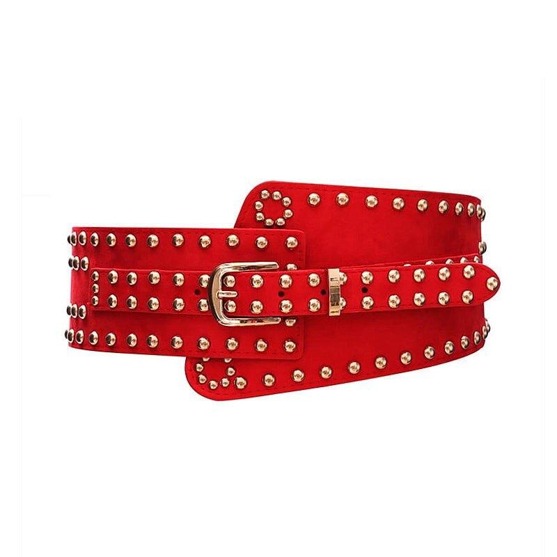 Punk style women's wide red PU leather belt with rivets and a unique buckle.