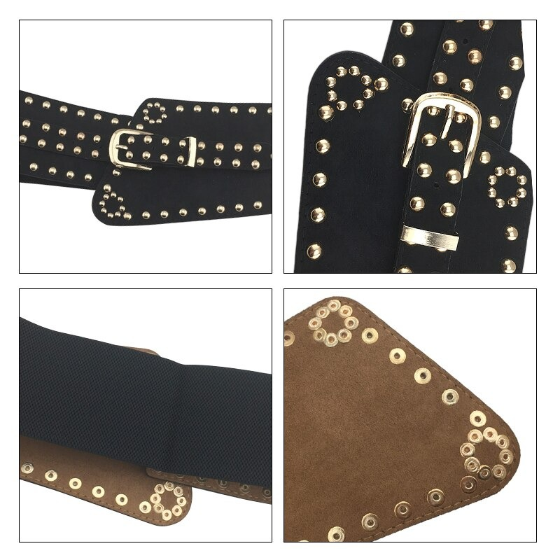 Close-up of a punk style women's wide irregular buckle belt with gold rivets, showcasing black and brown PU leather design.