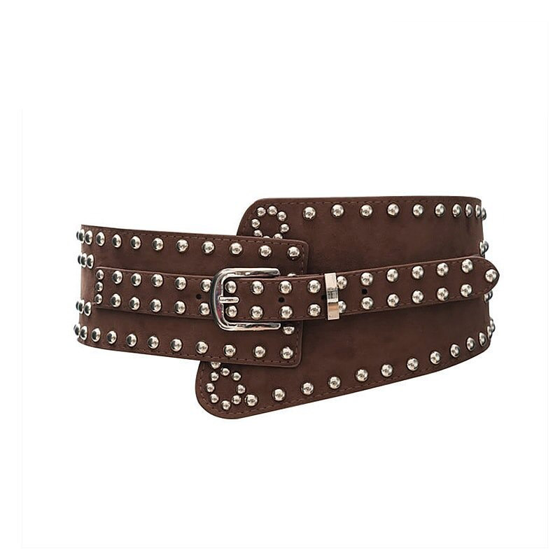 Punk style women's wide brown PU leather belt with silver rivets and irregular buckle, perfect accessory for edgy outfits.