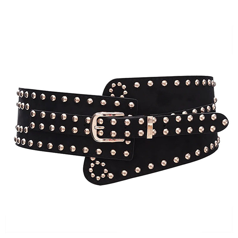 Punk style women's wide black PU leather belt with irregular buckle and rivets, perfect accessory for edgy outfits.