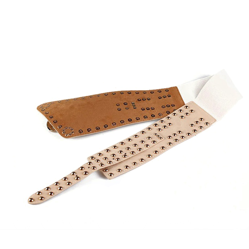 Punk style women's wide irregular buckle belt in beige with rivets, made of quality PU leather.