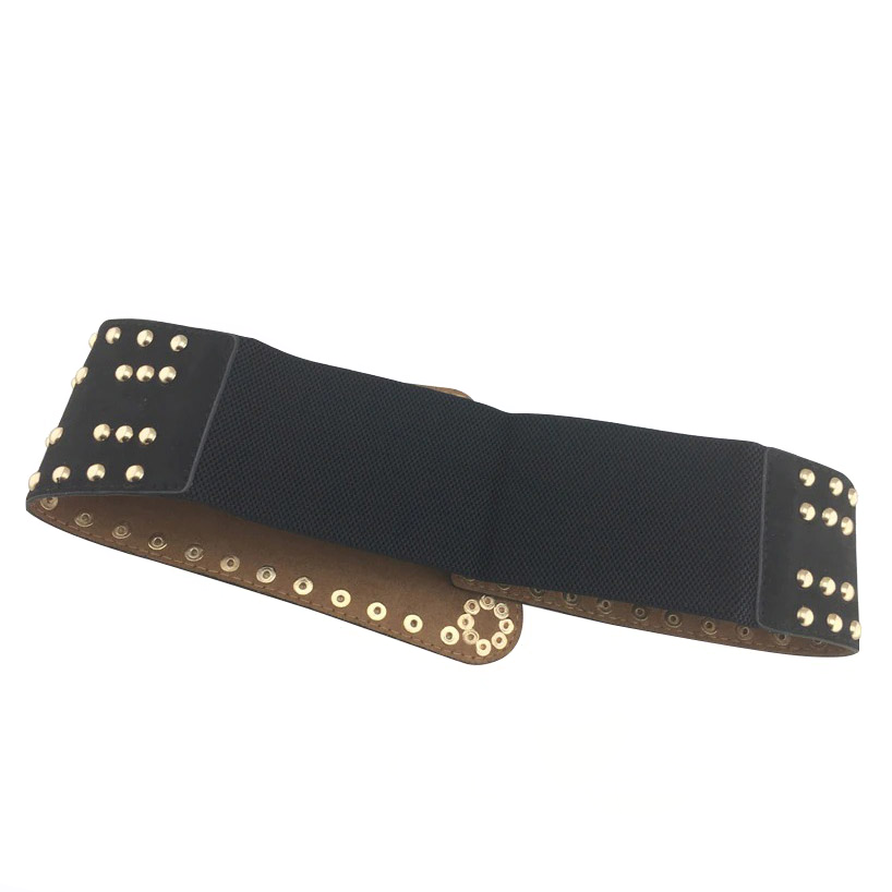 Punk style women's wide irregular buckle belt in black with gold rivets, made of quality PU leather.