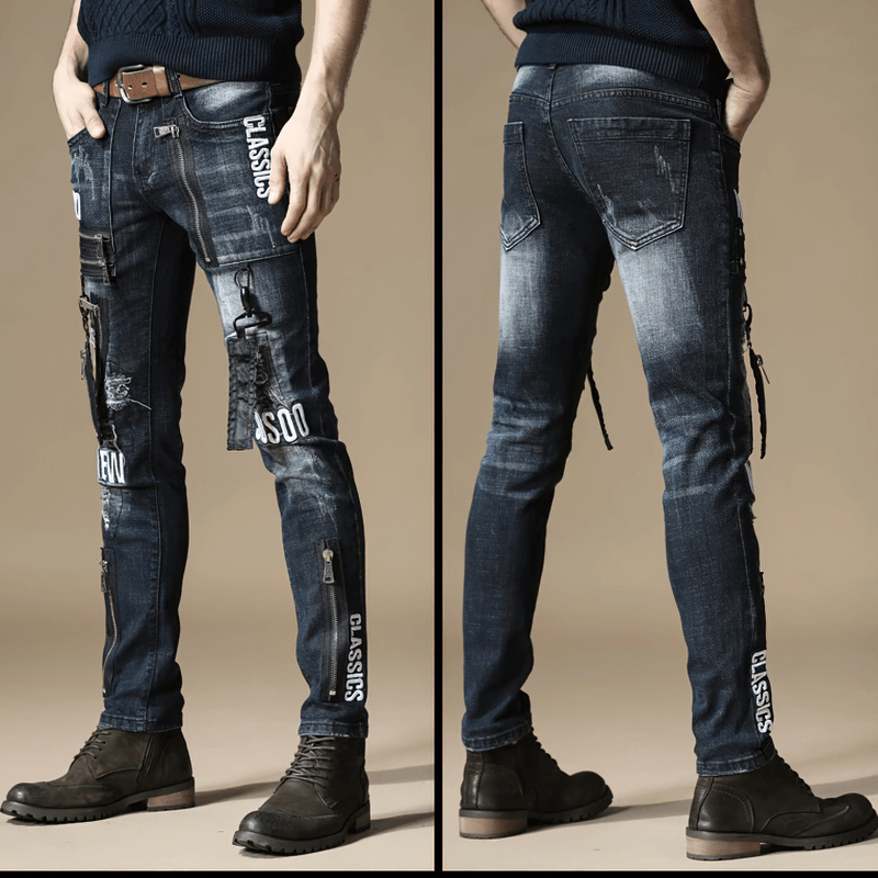 Punk Style Zipper Fly Denim Trousers / Casual Male Letter Print Jeans / Motorcycle Clothing