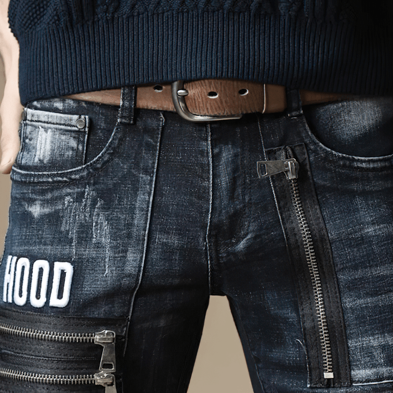 Punk Style Zipper Fly Denim Trousers / Casual Male Letter Print Jeans / Motorcycle Clothing